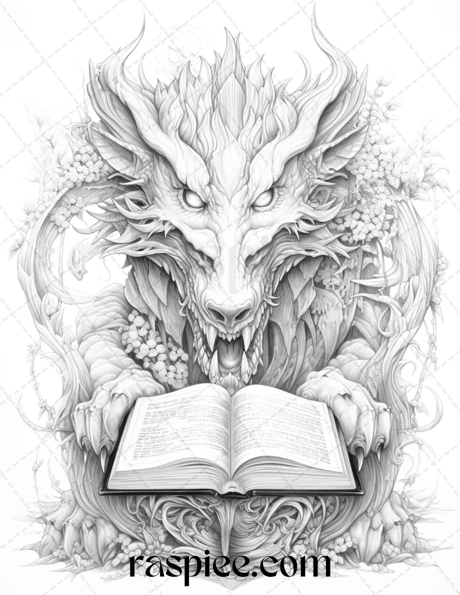 50 Magical Books Grayscale Coloring Pages Printable for Adults, PDF File Instant Download