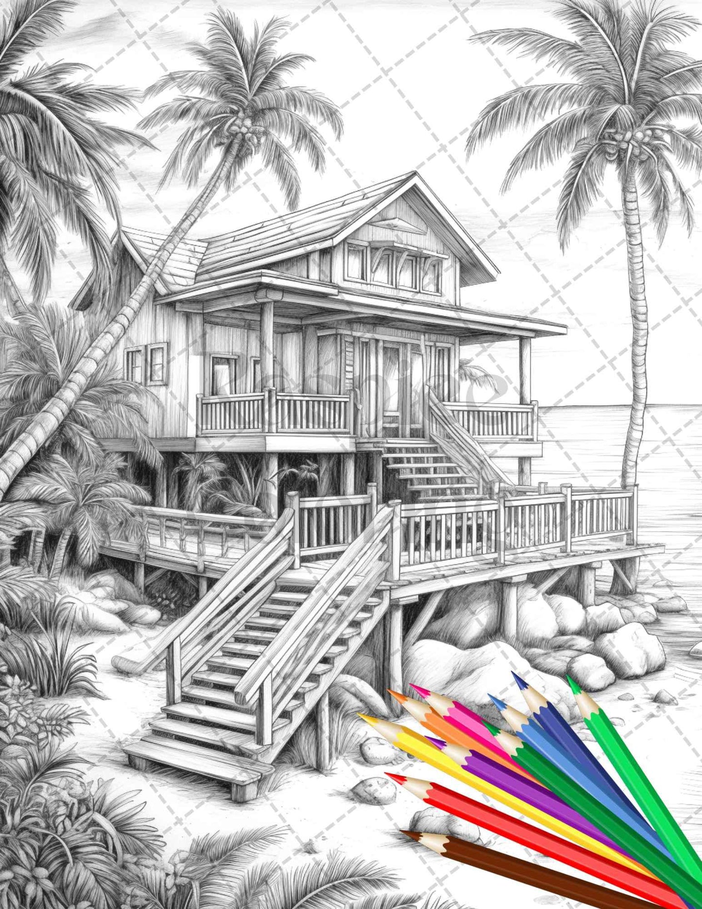 Beautiful Tropical Beach Grayscale Coloring Pages Printable for Adults, PDF File Instant Download