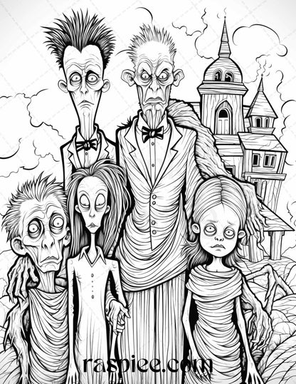 50 Monster Family Grayscale Coloring Pages Printable for Adults - Instant Download, Halloween Coloring Book, Fun and Spooky Designs