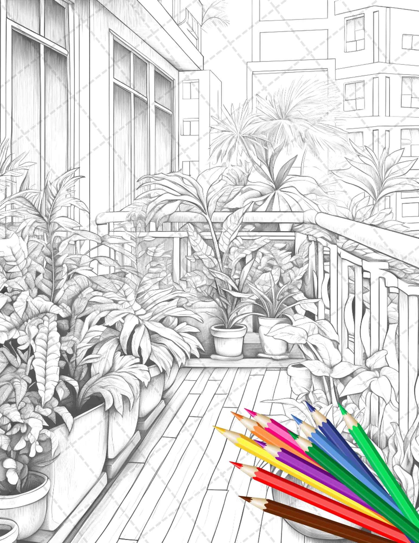 Charming Balcony Garden Grayscale Coloring Pages Printable for Adults, PDF File Instant Download