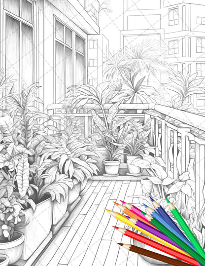 Charming Balcony Garden Grayscale Coloring Pages Printable for Adults, PDF File Instant Download
