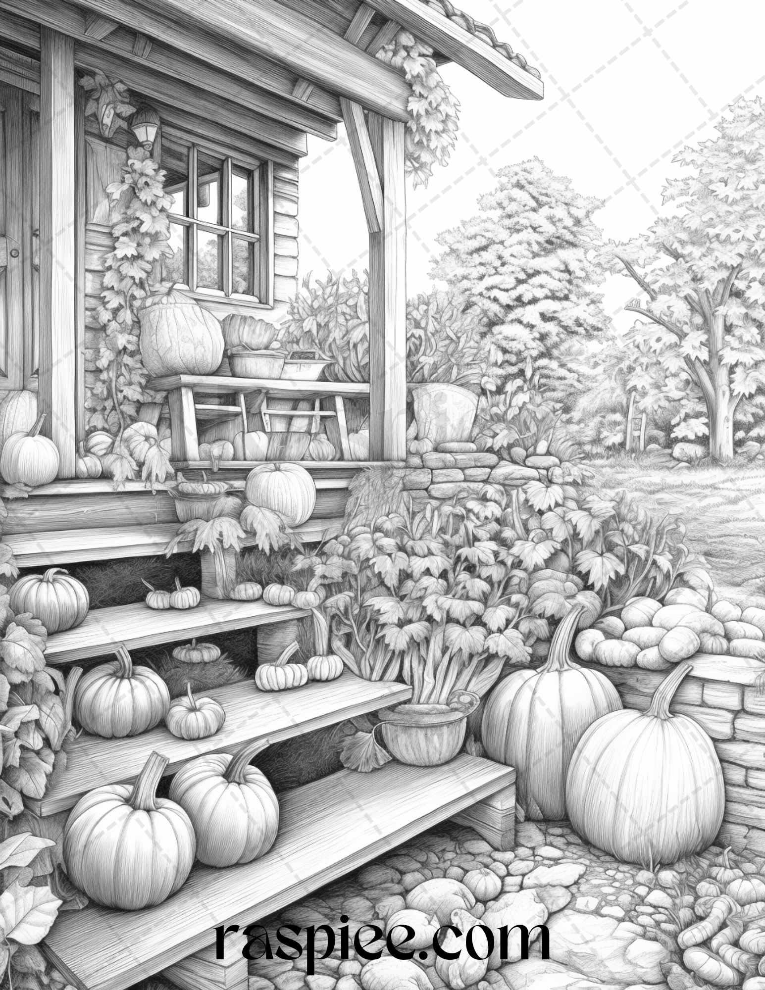 Autumn Scenery Grayscale Coloring Pages Printable for Adults, PDF File Instant Download
