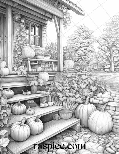 Autumn Scenery Grayscale Coloring Pages Printable for Adults, PDF File Instant Download