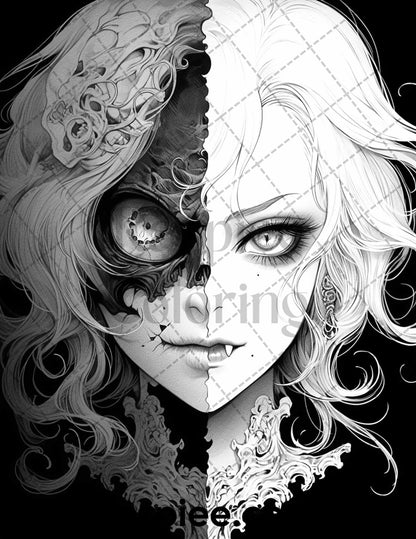 60 Horror Beauties Grayscale Coloring Pages Printable for Adults, PDF File Instant Download