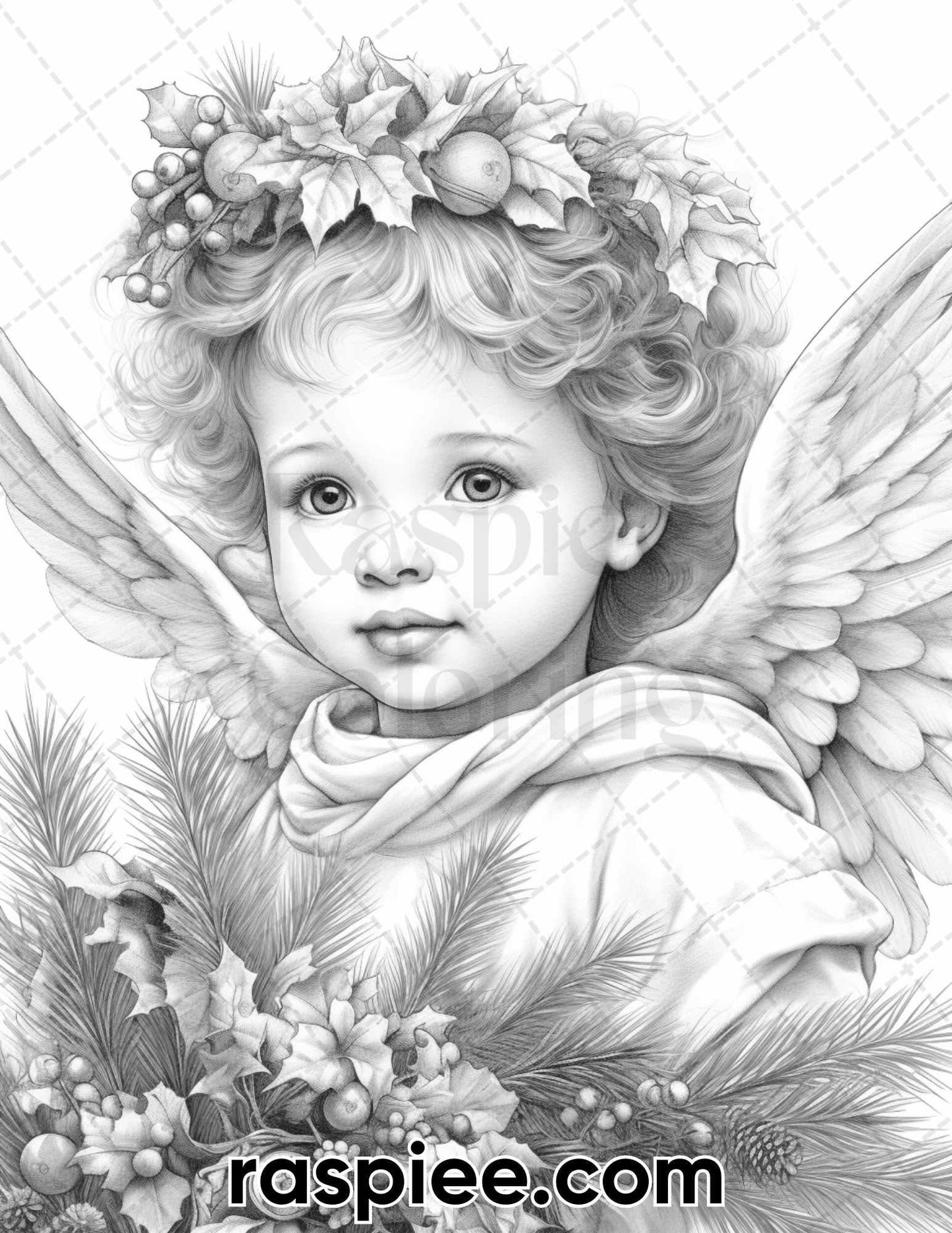 55 Christmas Angel Grayscale Coloring Pages for Adults, Printable PDF Instant Download