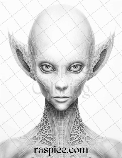65 Alien Portrait Grayscale Coloring Pages for Adults, Printable PDF File Instant Download
