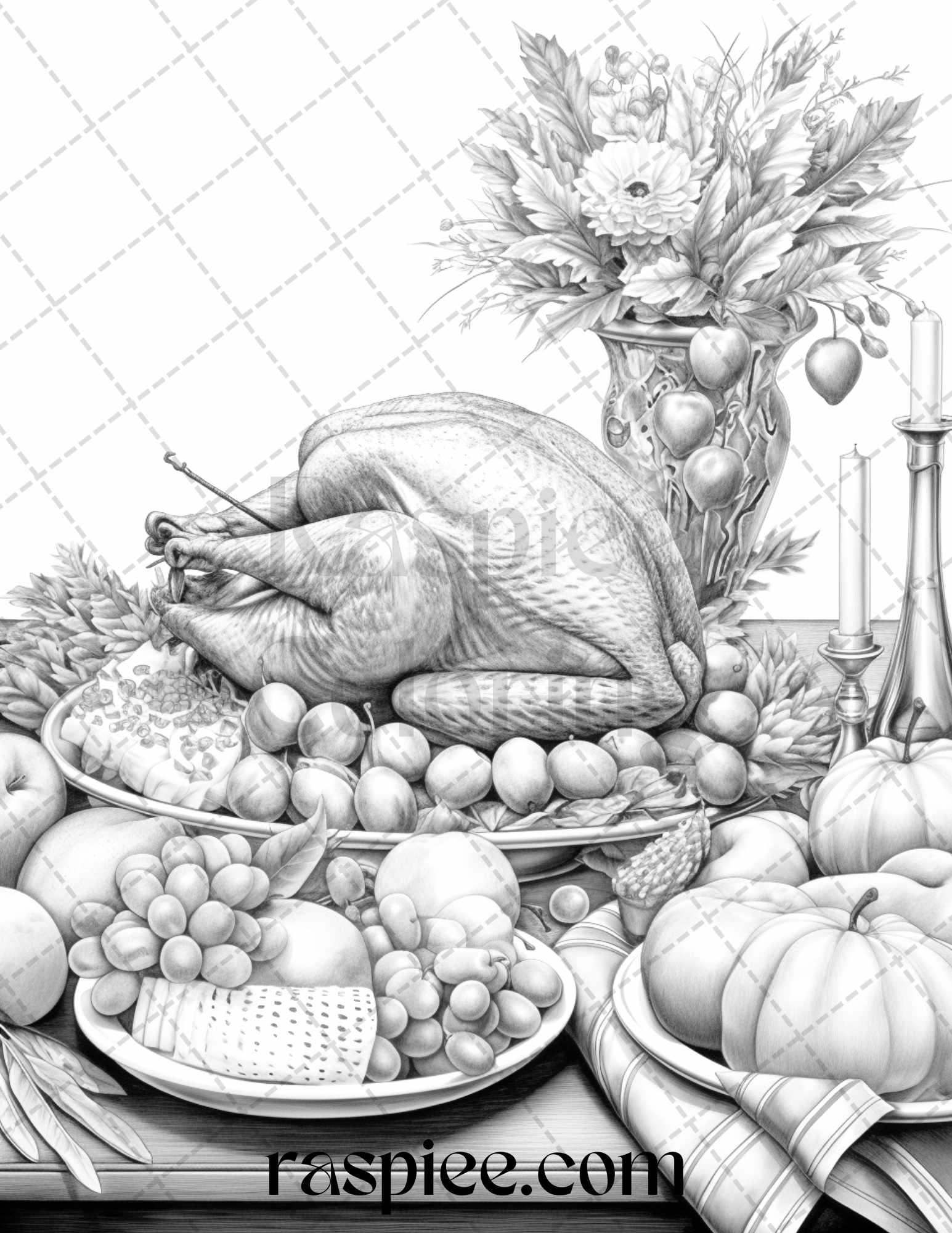 Thanksgiving Dinner Grayscale Coloring Pages for Adults, Relaxing Fall Coloring Sheets, Printable PDF File Instant Download