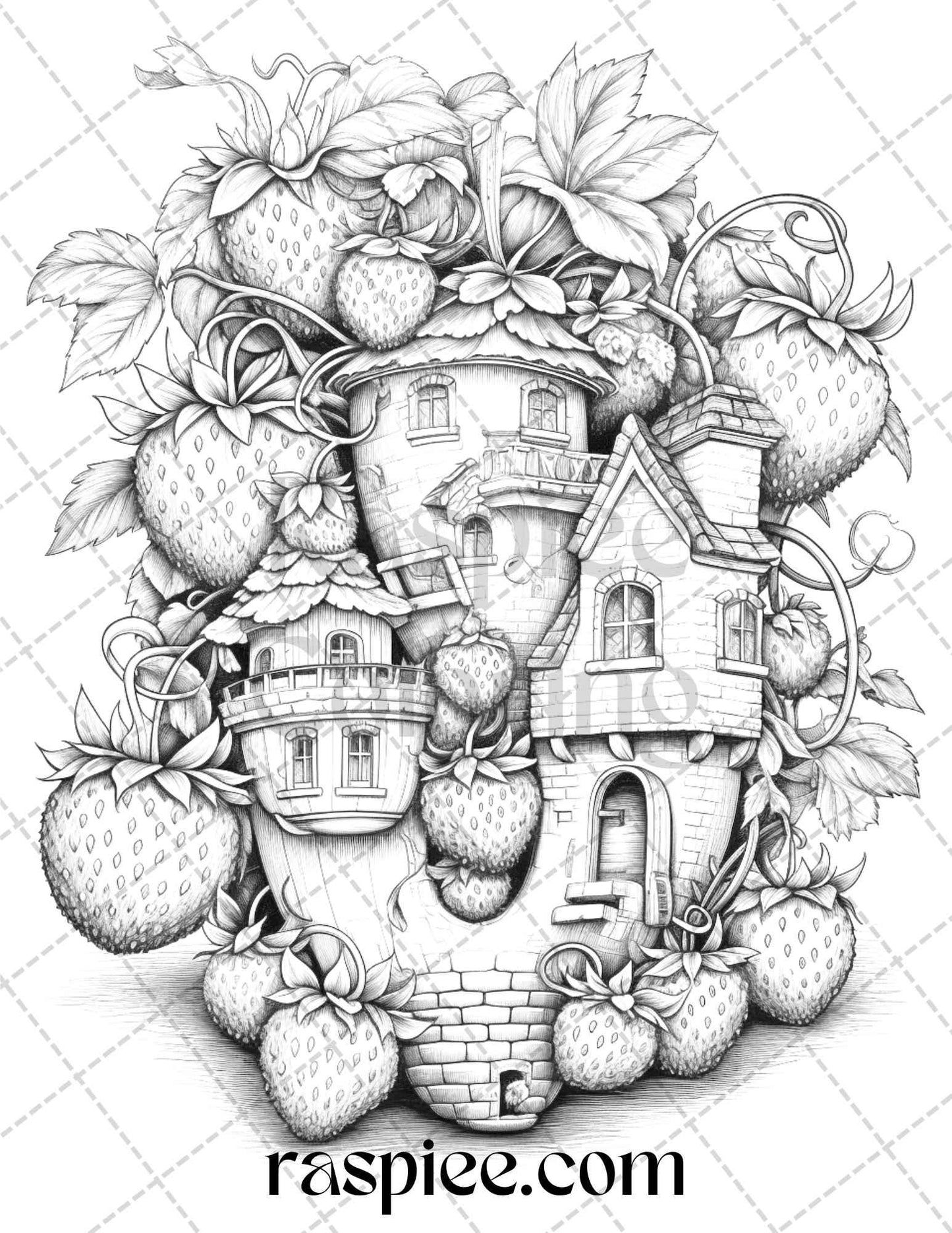 50 Strawberry Houses Grayscale Coloring Pages Printable for Adults Kids, PDF File Instant Download