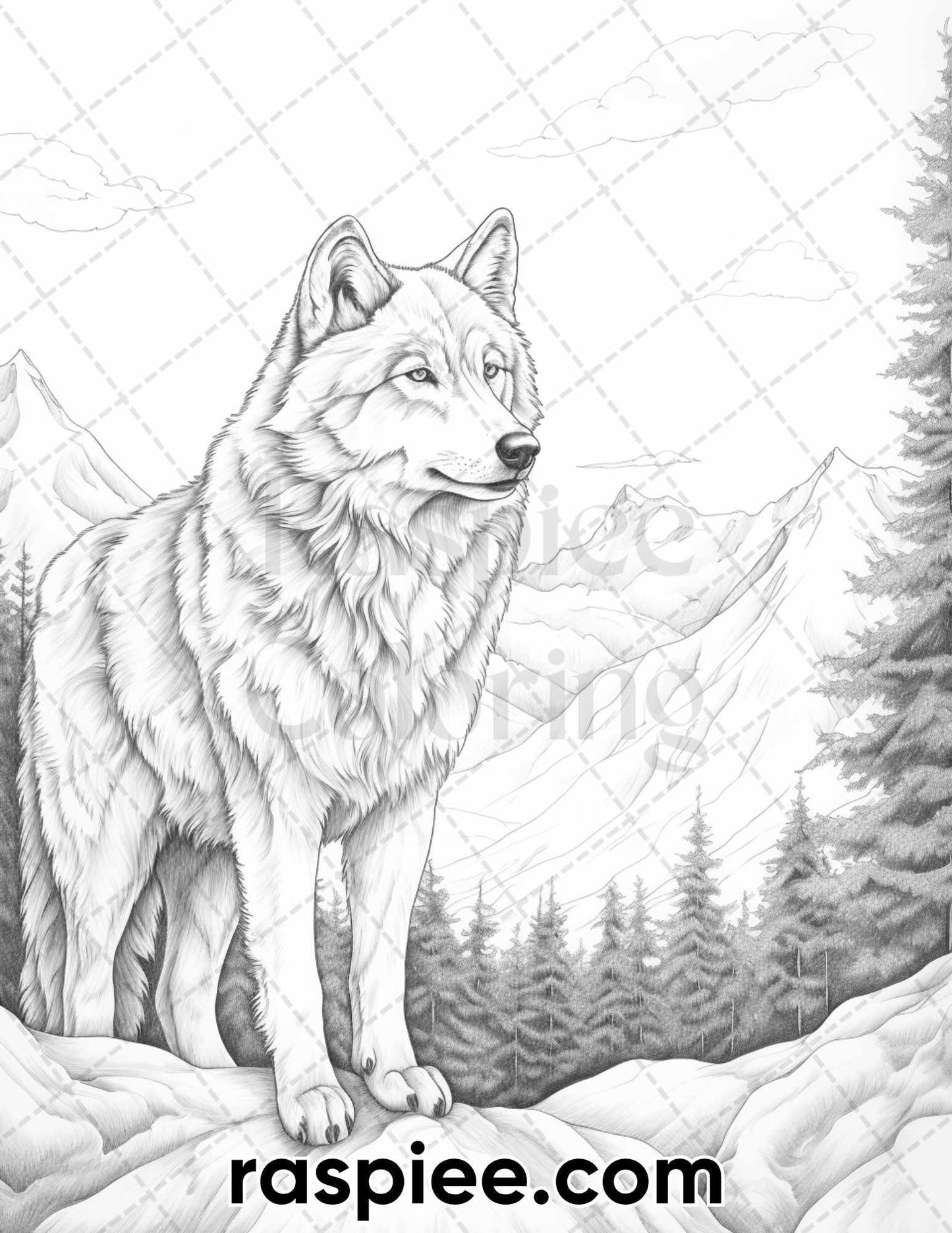 50 Winter Wolf Grayscale Coloring Pages for Adults, Printable PDF Instant Download
