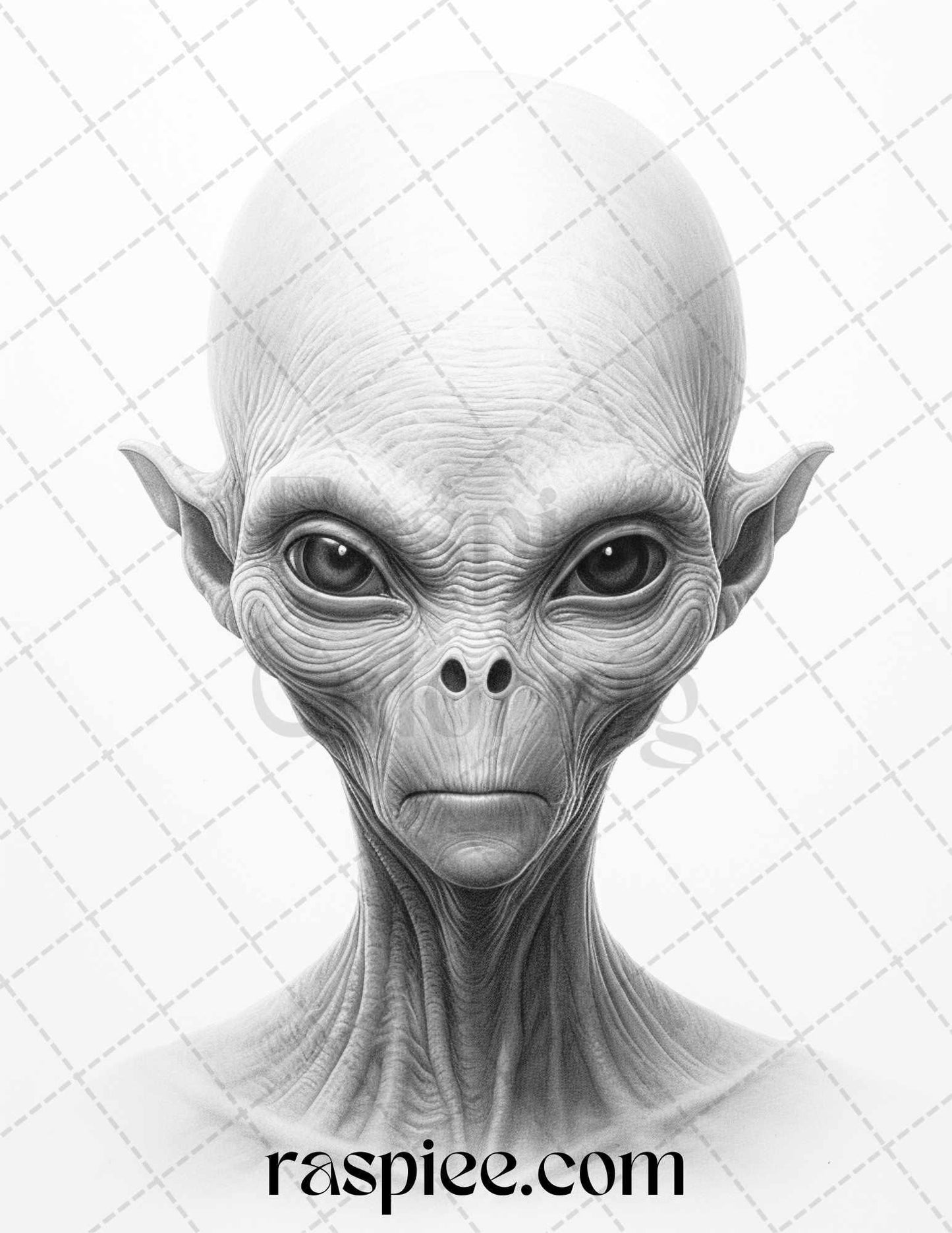 65 Alien Portrait Grayscale Coloring Pages for Adults, Printable PDF File Instant Download