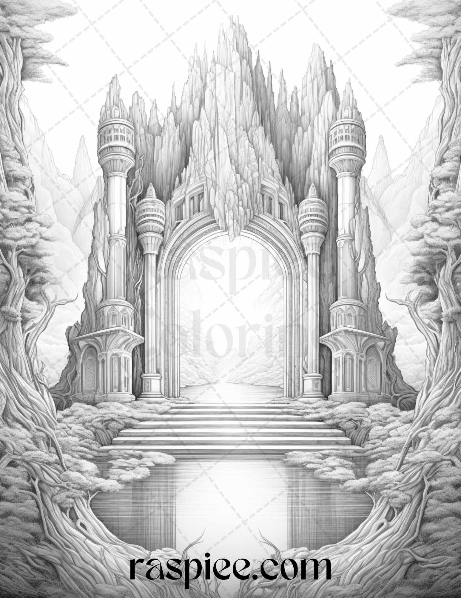 Mystical World Grayscale Coloring Pages Printable for Adults, Enchanting Fantasy Designs, PDF File Instant Download