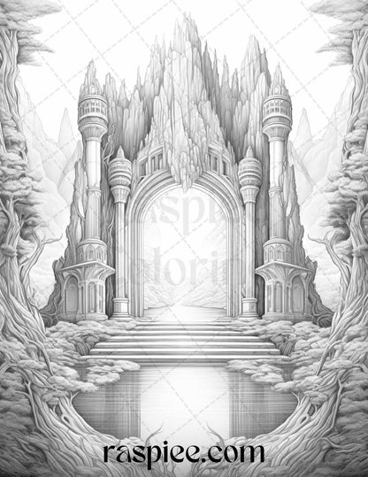 Mystical World Grayscale Coloring Pages Printable for Adults, Enchanting Fantasy Designs, PDF File Instant Download