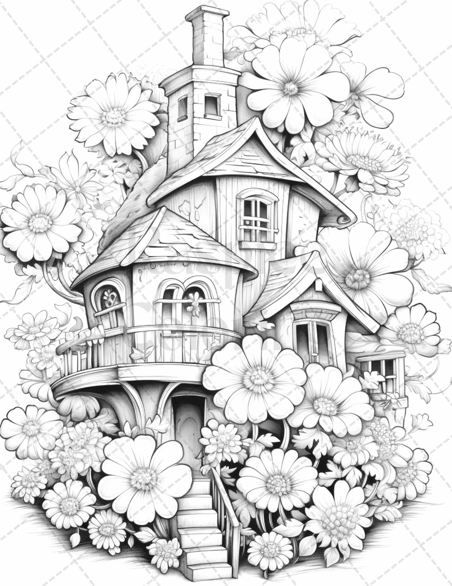60 Flower Houses Grayscale Coloring Pages Printable for Adults, PDF File Instant Download