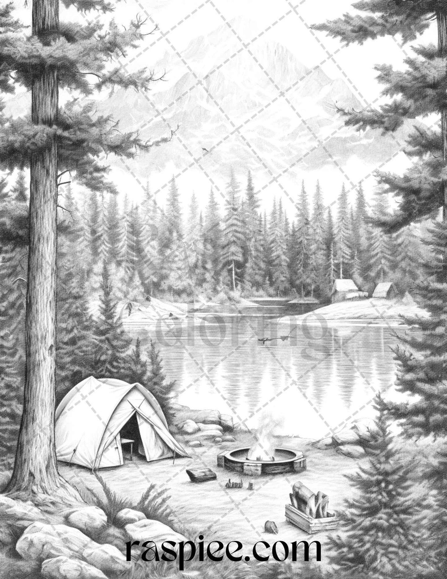 Nature Camping Grayscale Coloring Pages Printable, Relaxing Outdoor Scenes, PDF File Instant Download