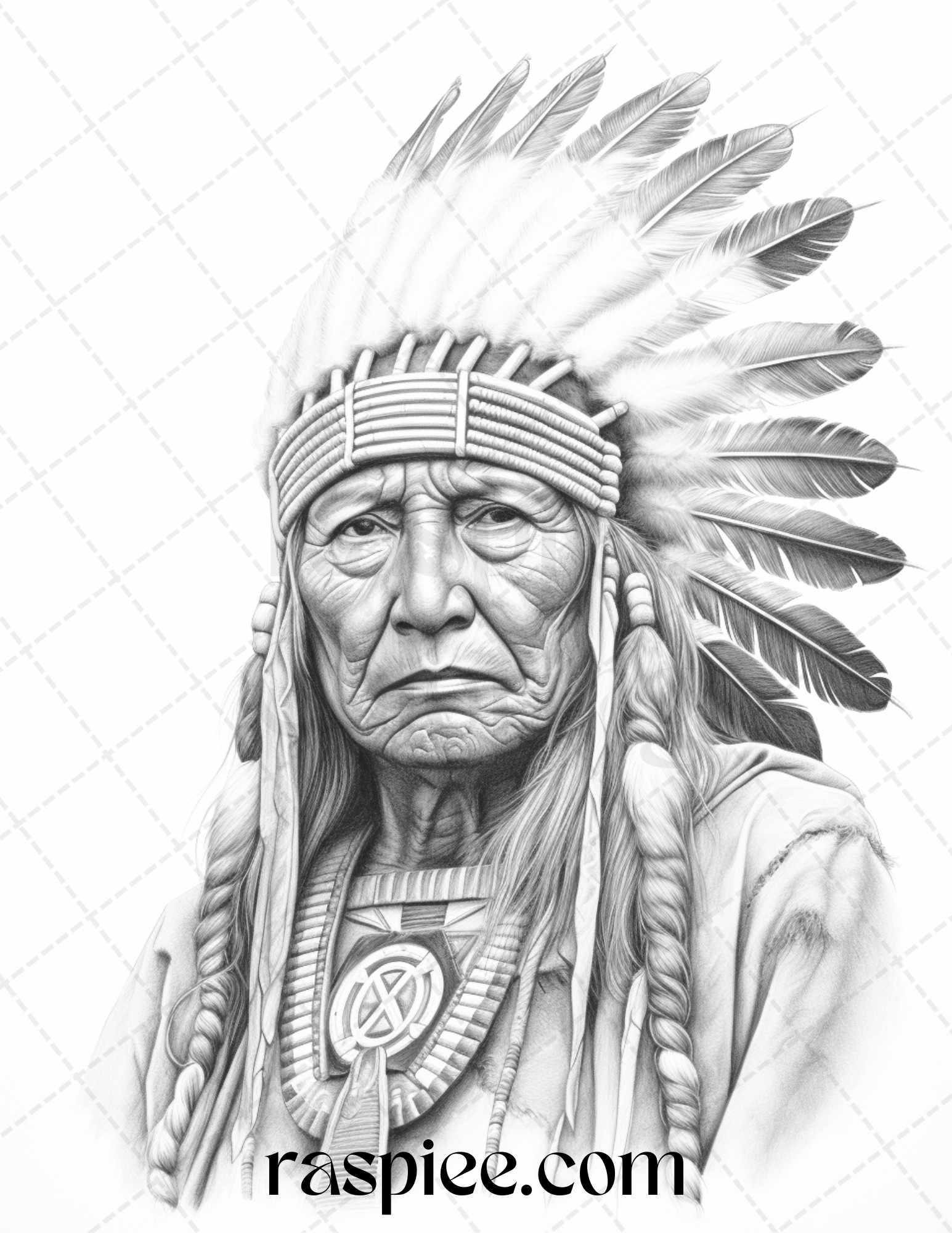 Native American Portrait Grayscale Coloring Pages Printable for Adults, PDF File Instant Download