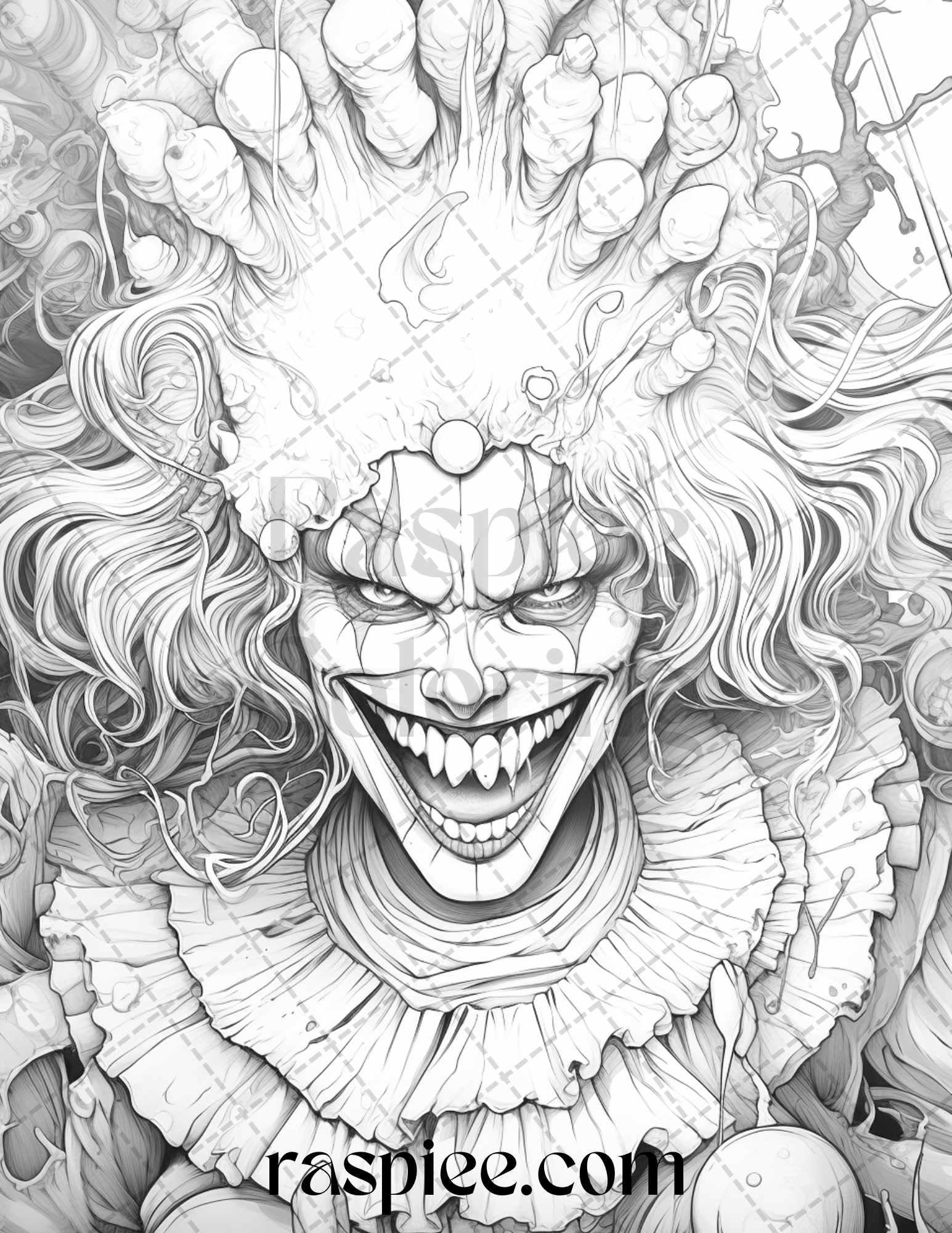 50 Scary Clown Girls Grayscale Coloring Pages Printable for Adults, PDF File Instant Download