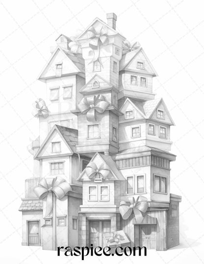 40 Adorable Gift Box Houses Grayscale Coloring Pages Printable for Adults Kids, PDF File Instant Download