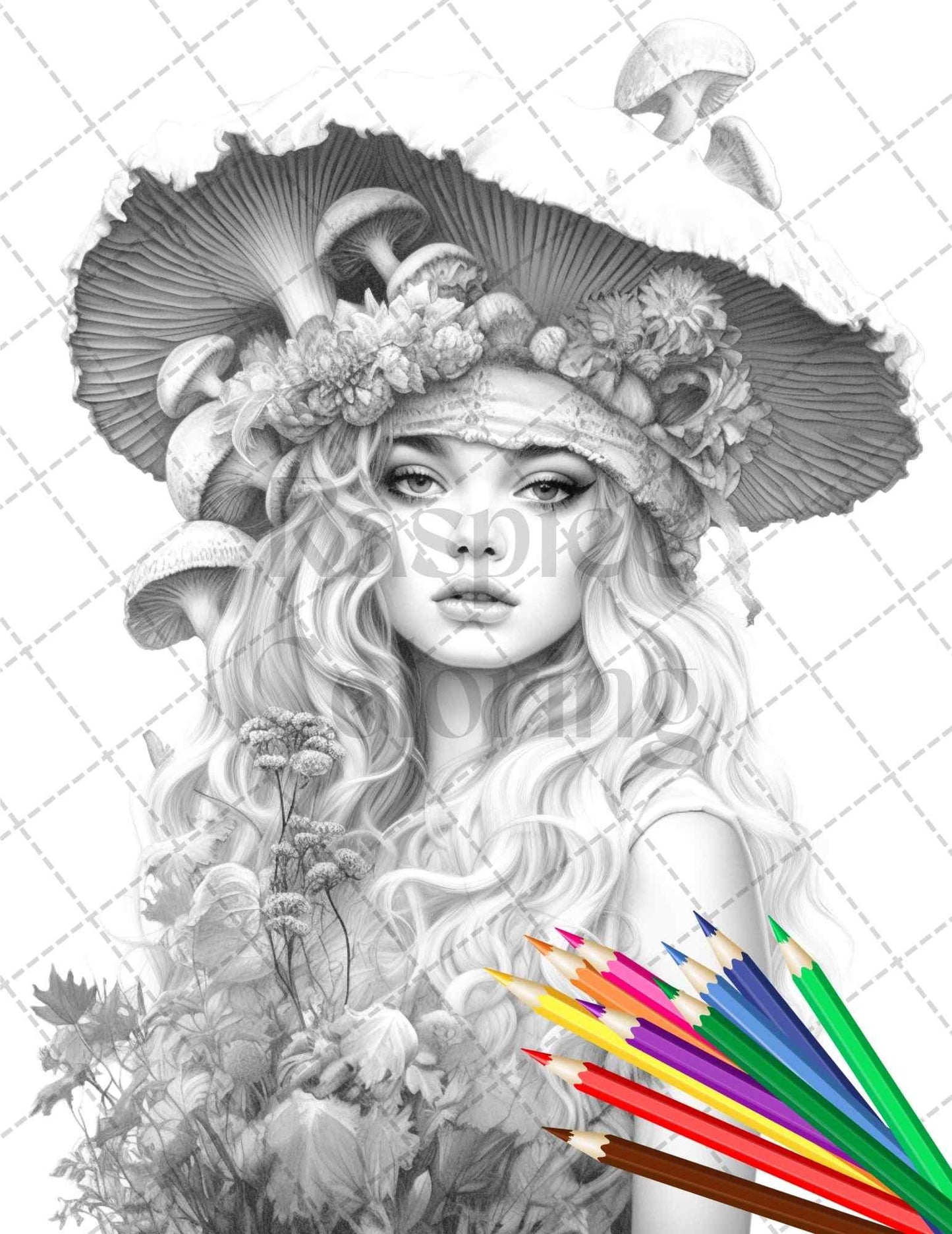 50 Mushroom Fairy Grayscale Coloring Pages Printable for Adults, PDF File Instant Download