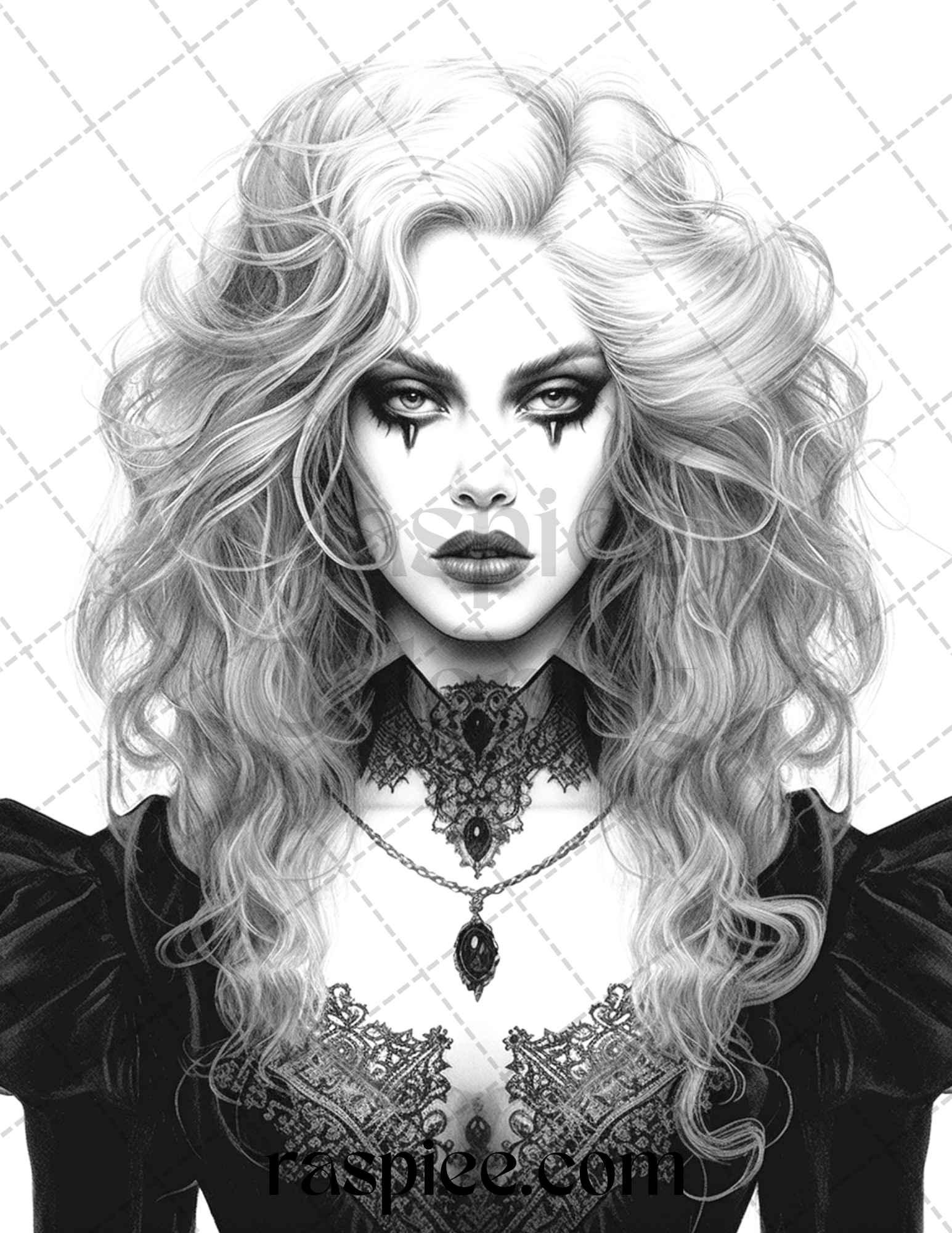 Bewitching Vampires Grayscale Coloring Pages Printable for Adults, PDF File Instant Download
