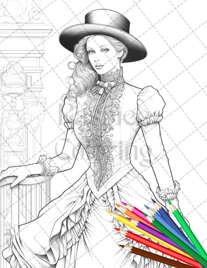 50 Victorian Fashion Grayscale Coloring Pages Printable for Adults, PDF File Instant Download