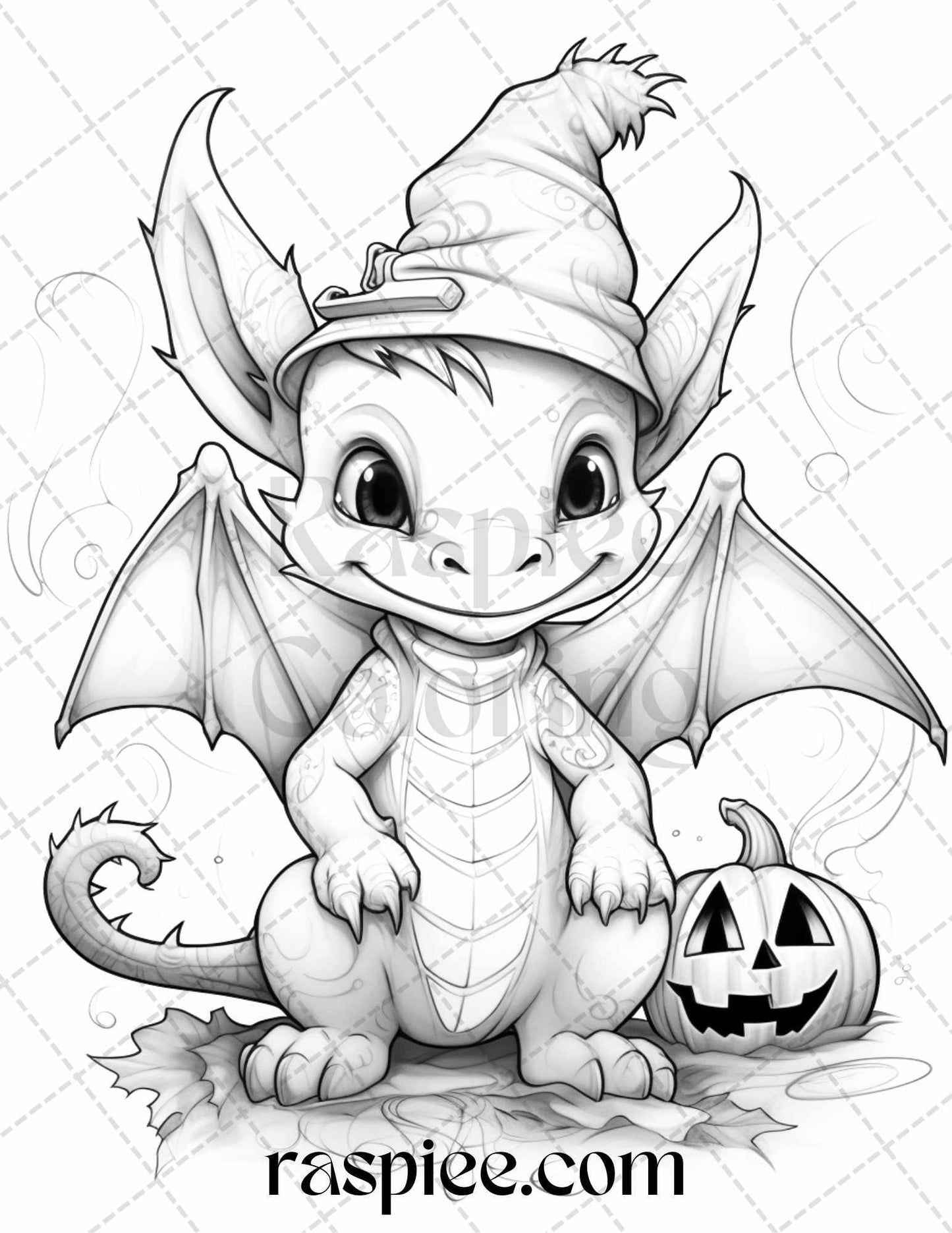 50 Cute Pumpkin Dragons Graycale Coloring Pages for Adults and Kids, Printable PDF File Instant Download
