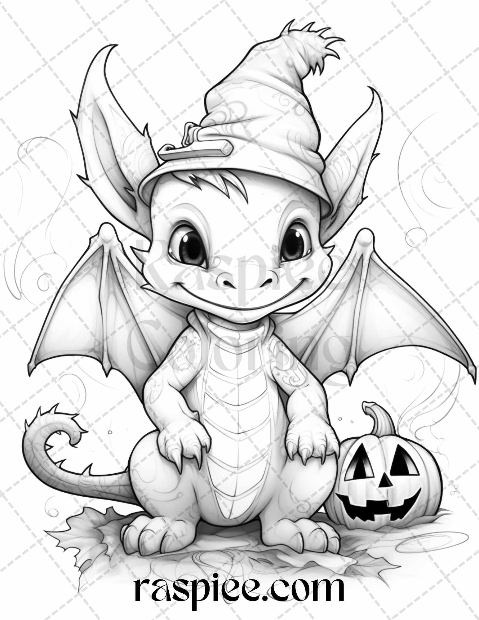 50 Cute Pumpkin Dragons Graycale Coloring Pages for Adults and Kids, Printable PDF File Instant Download