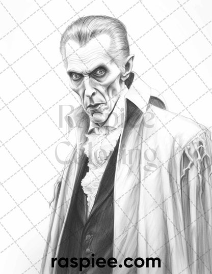 50 Count Dracula Grayscale Coloring Pages Printable for Adults, PDF File Instant Download