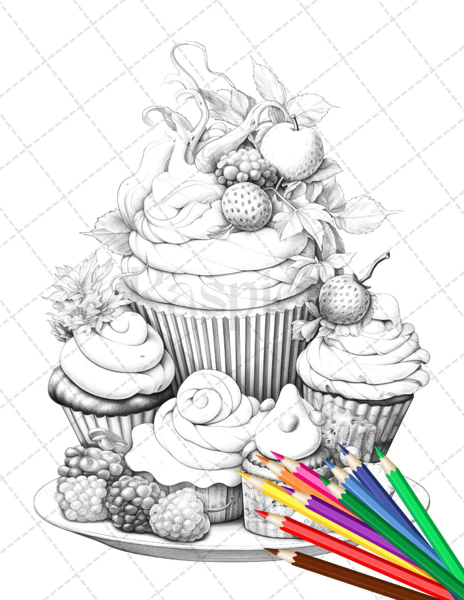 36 Sweet Desserts Coloring Pages Printable for Adults, Grayscale Coloring Page, PDF File Instant Download