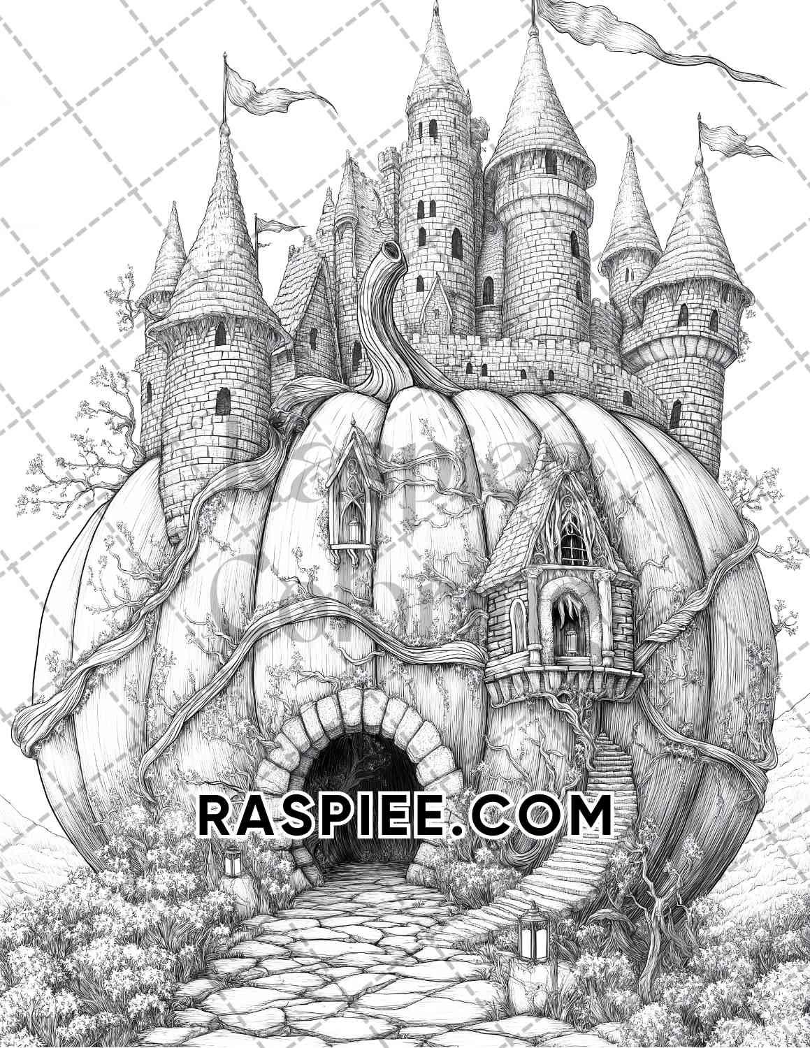 Fantasy Giant Pumpkin Castles Adult Coloring Pages Printable PDF Instant Download
