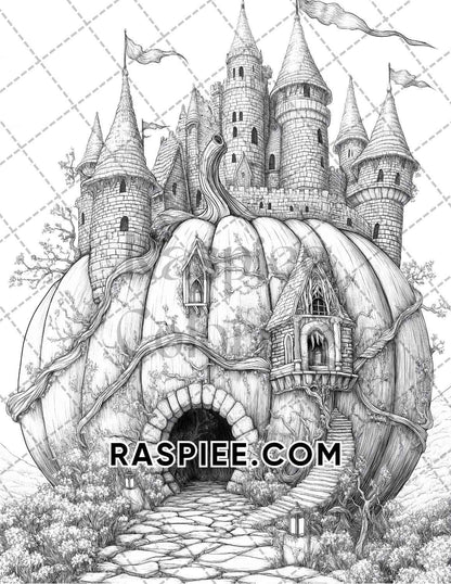 Fantasy Giant Pumpkin Castles Adult Coloring Pages Printable PDF Instant Download