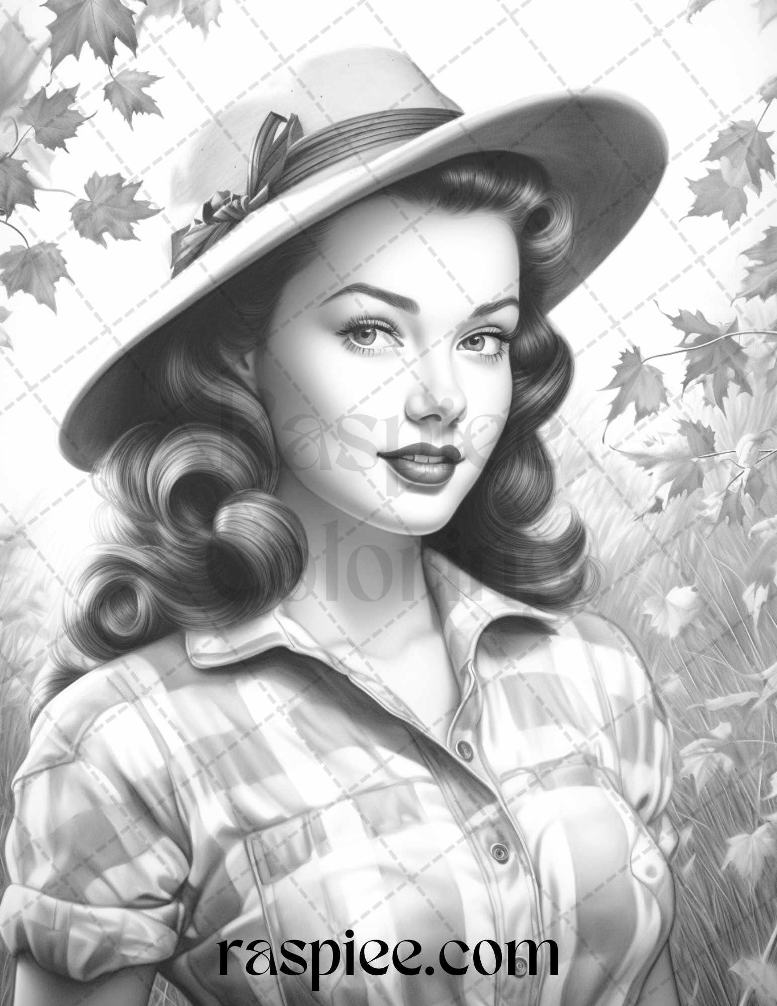 55 Autumn Pin Up Girls Grayscale Coloring Pages Printable for Adults, PDF File Instant Download