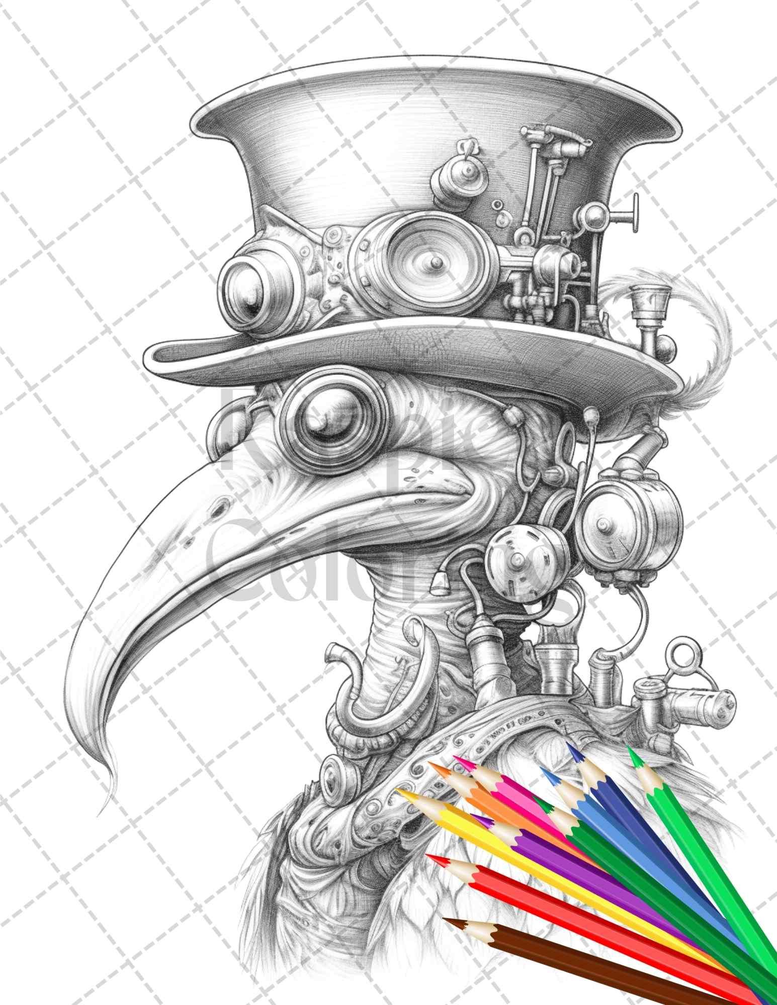 60 Steampunk Animals Grayscale Coloring Pages Printable for Adults, PDF File Instant Download