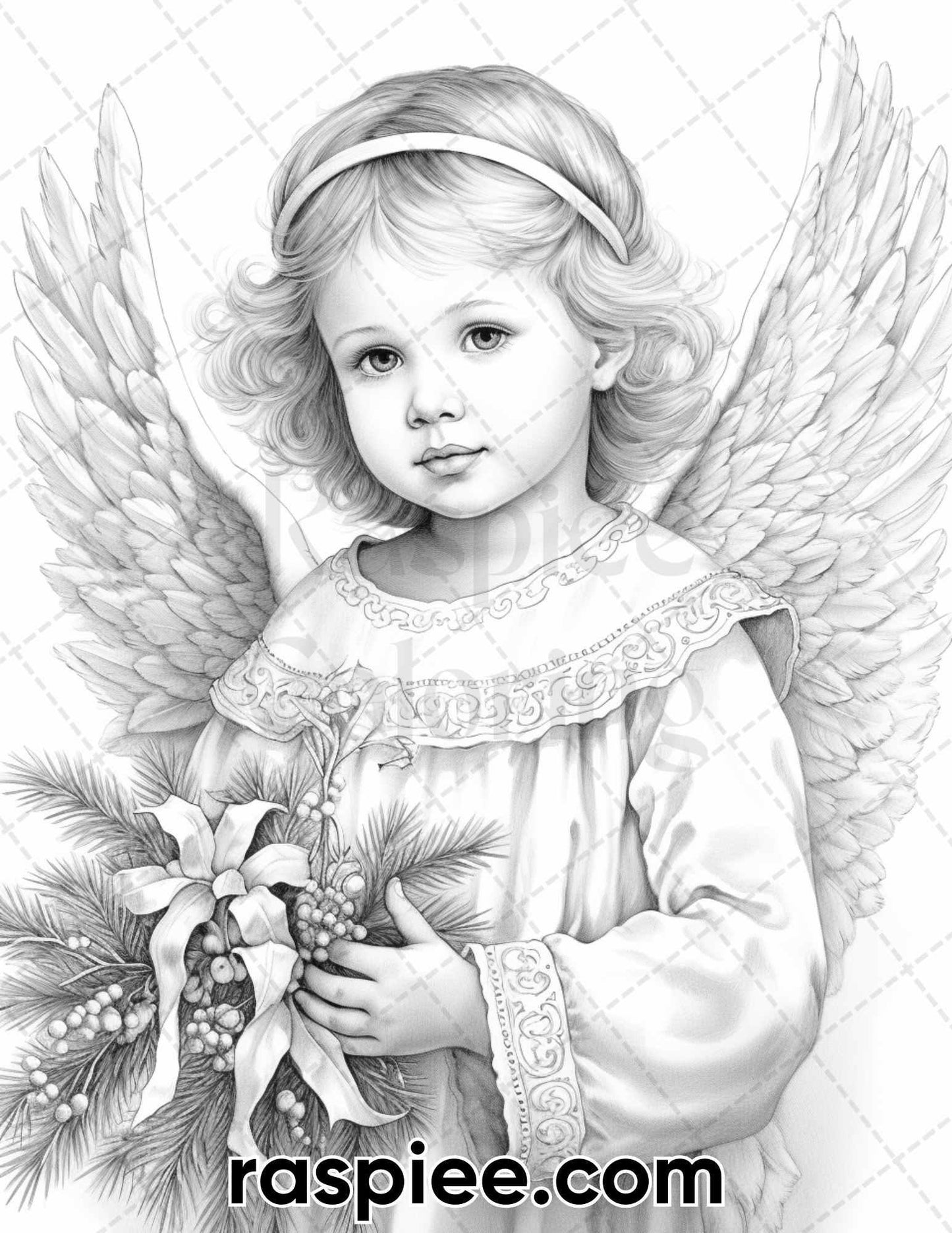 55 Christmas Angel Grayscale Coloring Pages for Adults, Printable PDF Instant Download