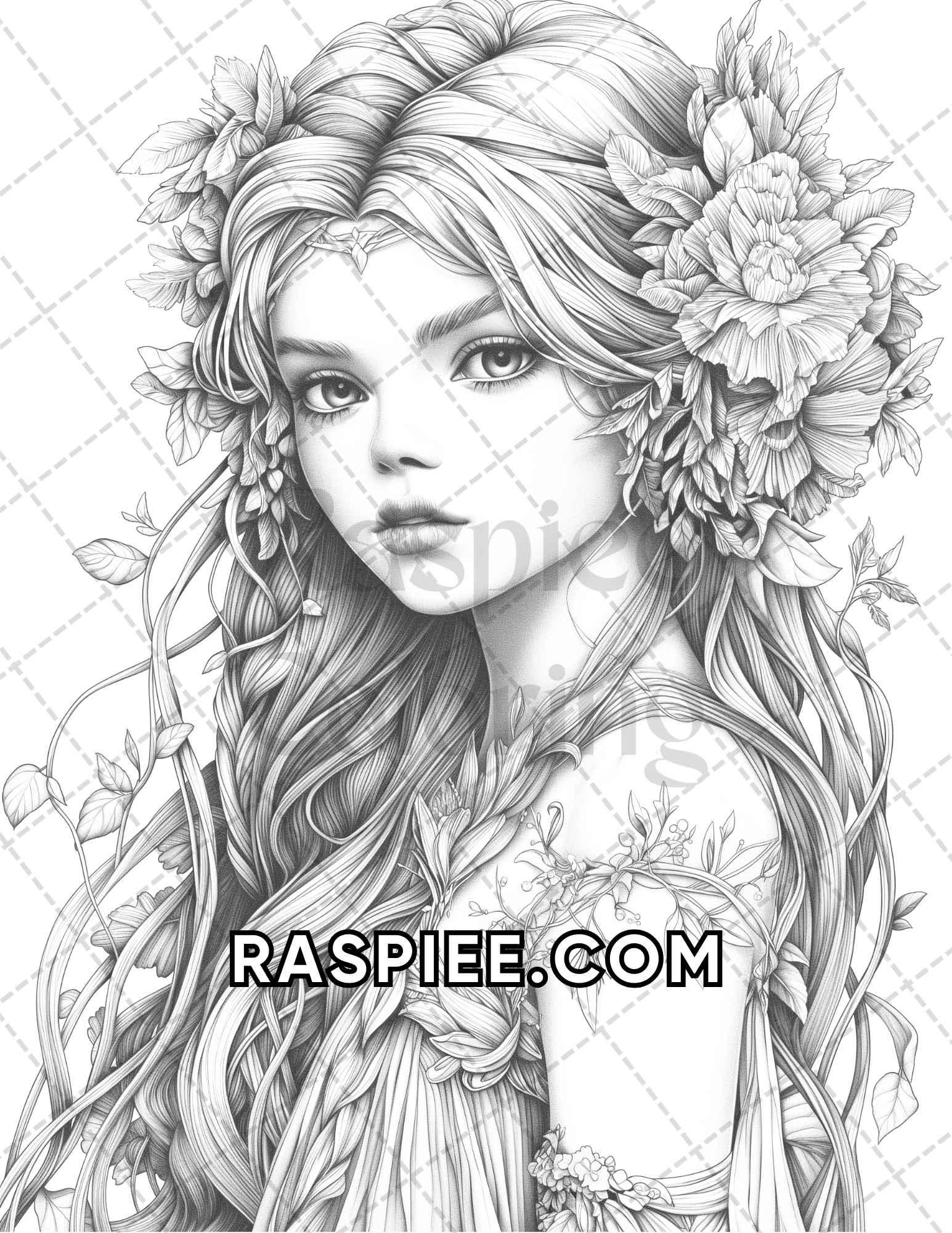 60 Fantasy Beauties Grayscale Adult Coloring Pages Printable PDF Instant Download