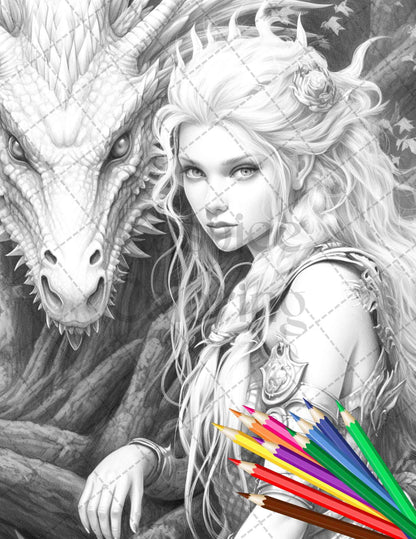 Enchanted Dragon Queens Grayscale Coloring Pages Printable for Adults, PDF File Instant Download
