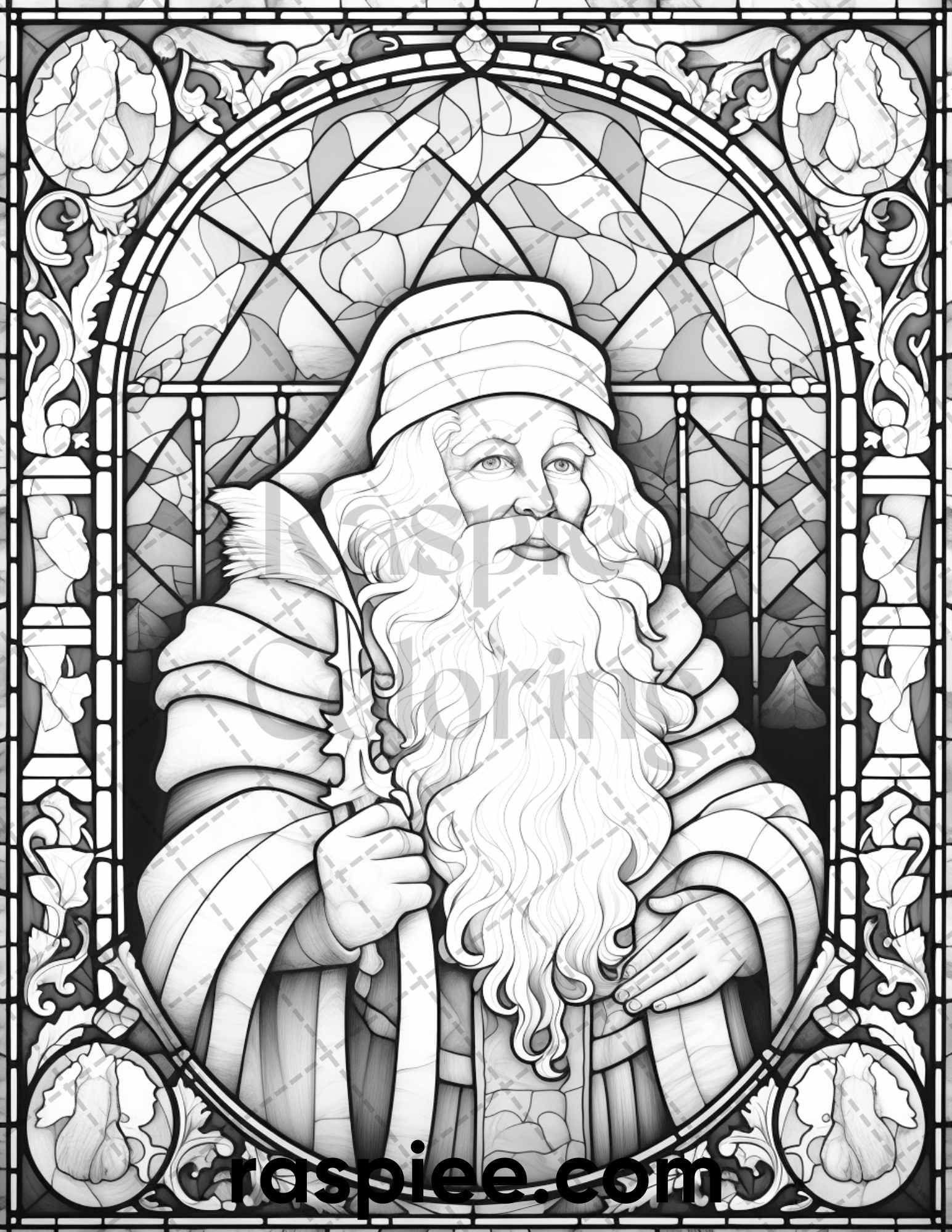 50 Christmas Stained Glass Grayscale Coloring Pages for Adults, Printable PDF File Instant Download