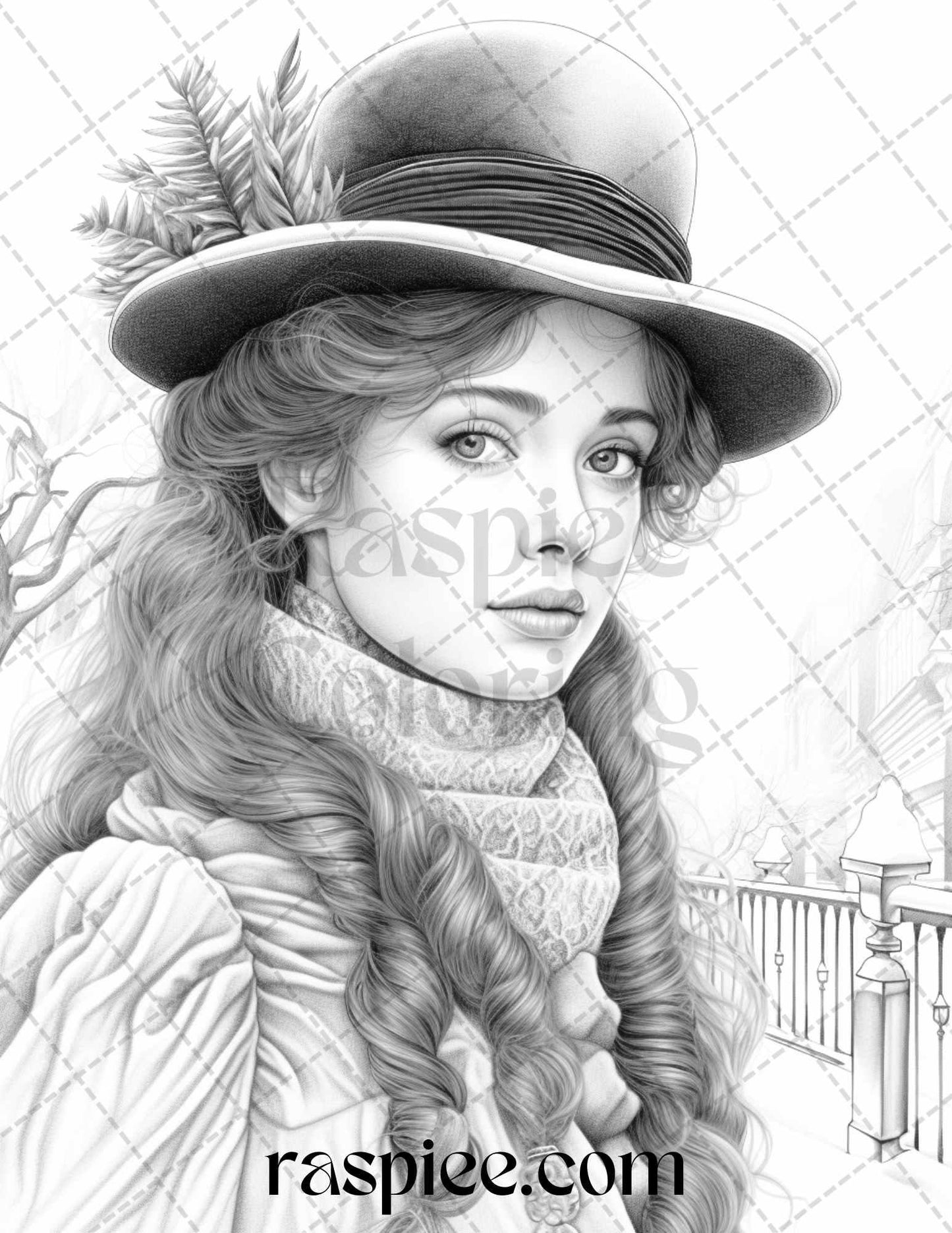 60 Victorian Winter Portrait Grayscale Coloring Pages Printable for Adults, PDF File Instant Download