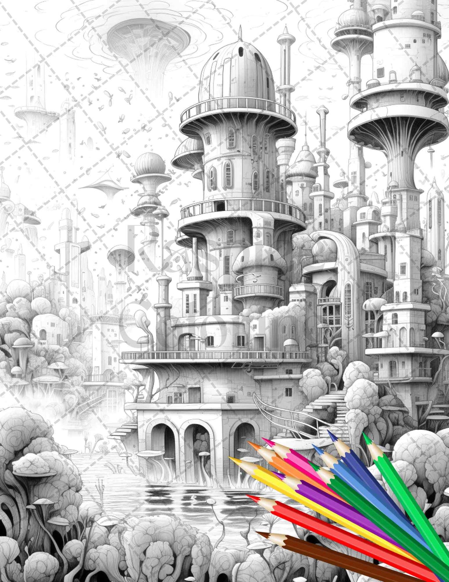 Enchanted Underwater City Grayscale Coloring Pages Printable for Adults, PDF File Instant Download
