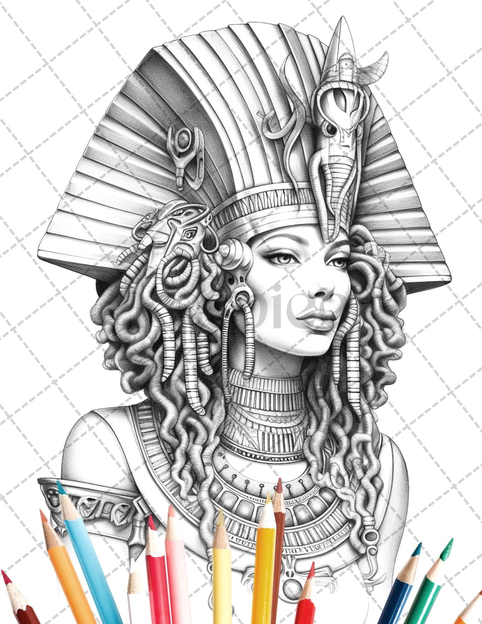 35 Ancient Egyptian Queens Coloring Book Printable for Adults, Grayscale Coloring Page, PDF File Instant Download