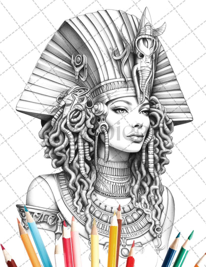 35 Ancient Egyptian Queens Coloring Book Printable for Adults, Grayscale Coloring Page, PDF File Instant Download