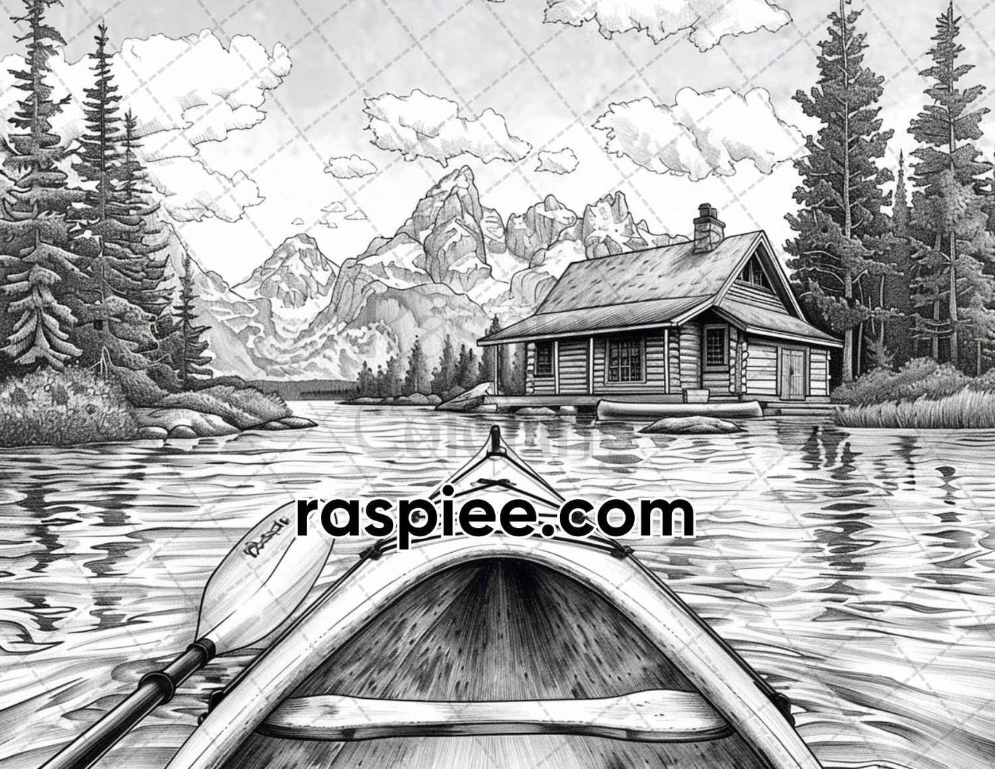 62 Serene Lakeside Cabins Grayscale Adult Coloring Pages, Printable PDF Instant Download
