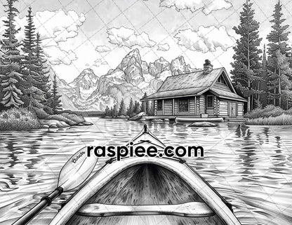 62 Serene Lakeside Cabins Grayscale Adult Coloring Pages, Printable PDF Instant Download