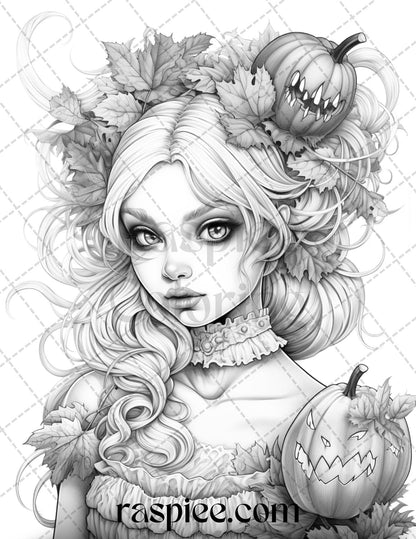 55 Halloween Girls Grayscale Coloring Pages Printable for Adults, PDF File Instant Download