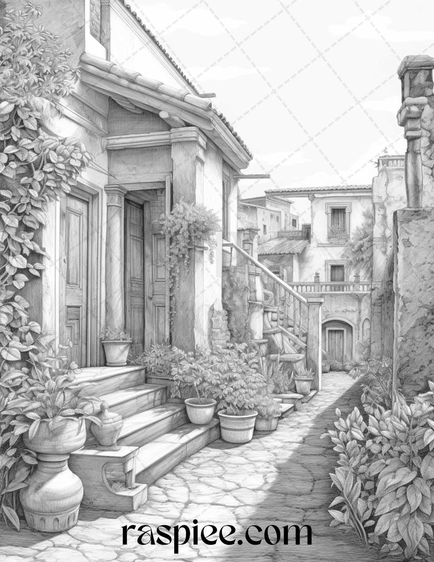 Roman Architecture Grayscale Coloring Pages Printable for Adults, PDF File Instant Download