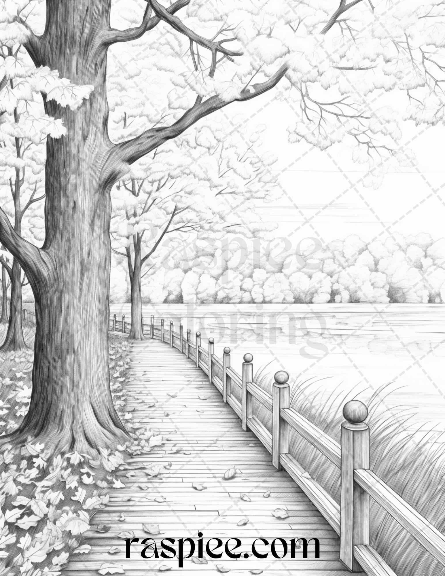 Autumn Scenery Grayscale Coloring Pages Printable for Adults, PDF File Instant Download