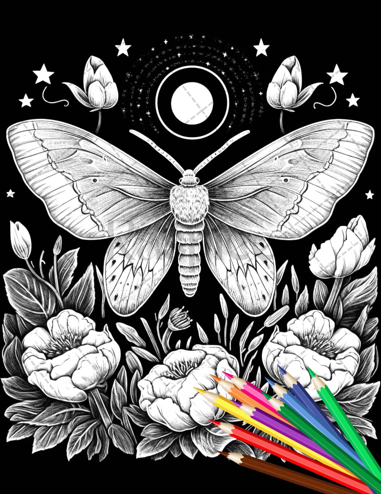 32 Beautiful Moths and Floral Coloring Book for Adults, Grayscale Coloring Page, Printable PDF Instant Download