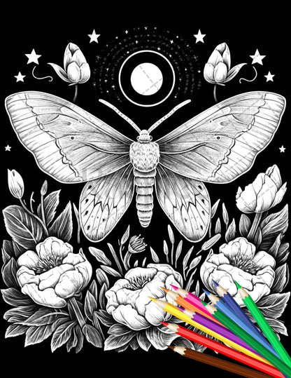 32 Beautiful Moths and Floral Coloring Book for Adults, Grayscale Coloring Page, Printable PDF Instant Download