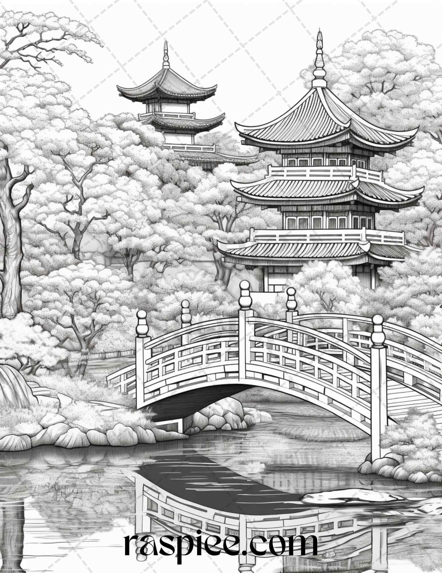 Japanese Garden Grayscale Coloring Pages Printable for Adults, PDF File Instant Download