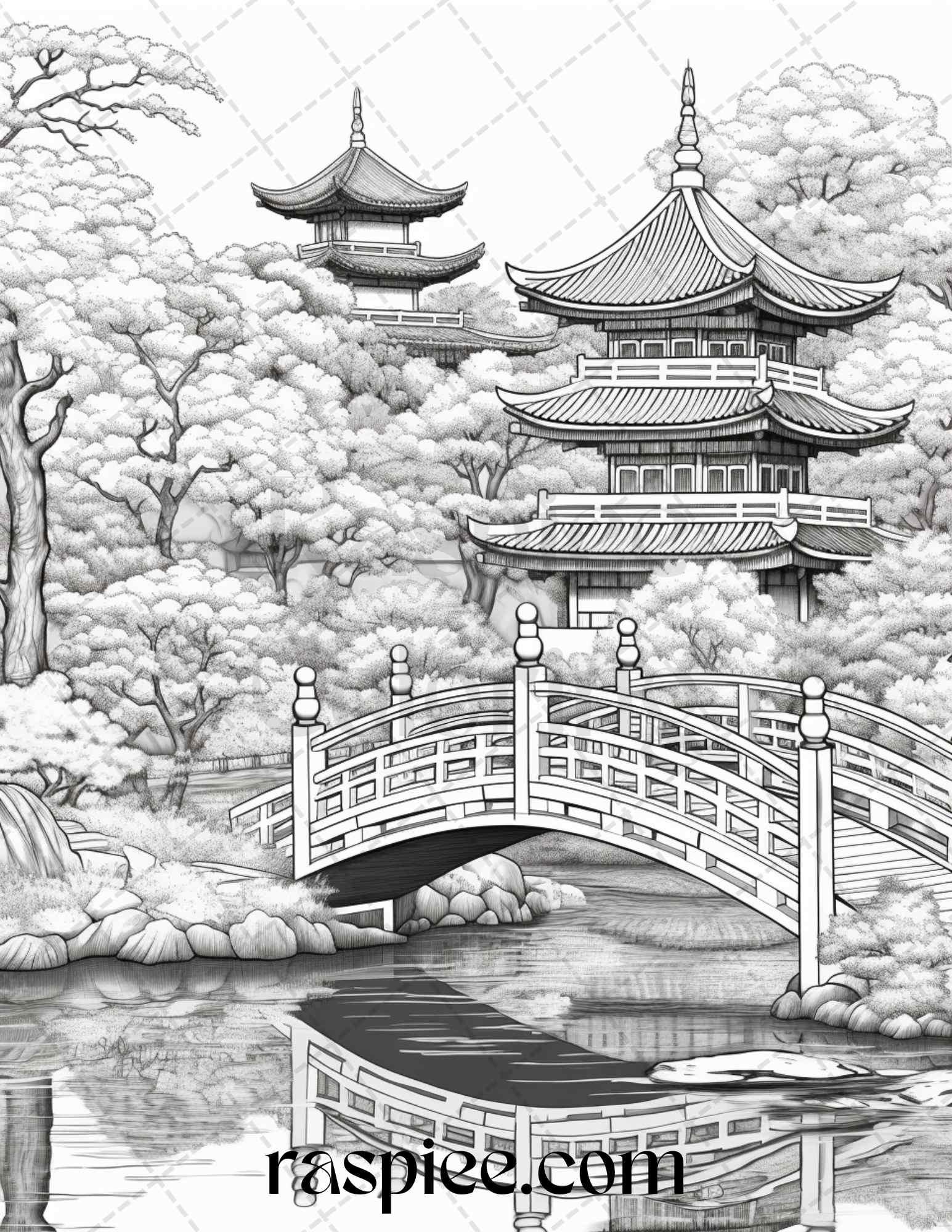 Japanese Garden Grayscale Coloring Pages Printable for Adults, PDF File Instant Download