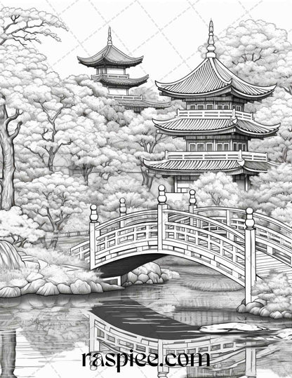 Japanese Garden Grayscale Coloring Pages Printable for Adults, PDF File Instant Download